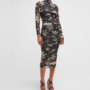 Farm Rio XS Cerrado Sky Tulle Dress Black Floral Sheer Midi Dress NWOT